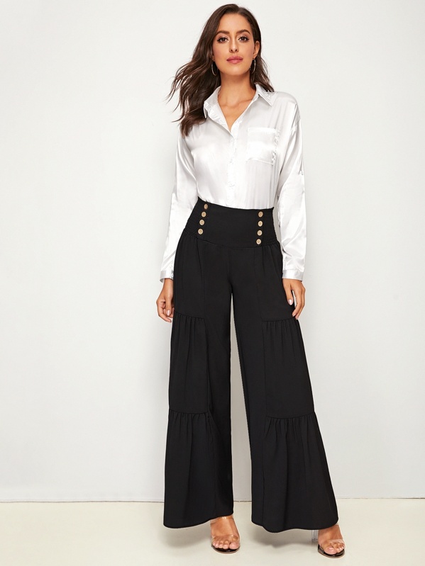 

Shirred Waist Ruffle Hem Wide Leg Pants, Black, Mary P.