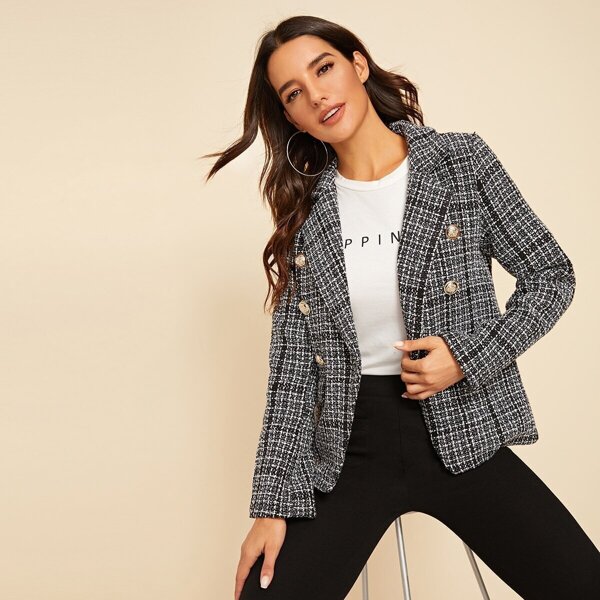 

Double Button Front Pocket Lapel Tweed Blazer, Black