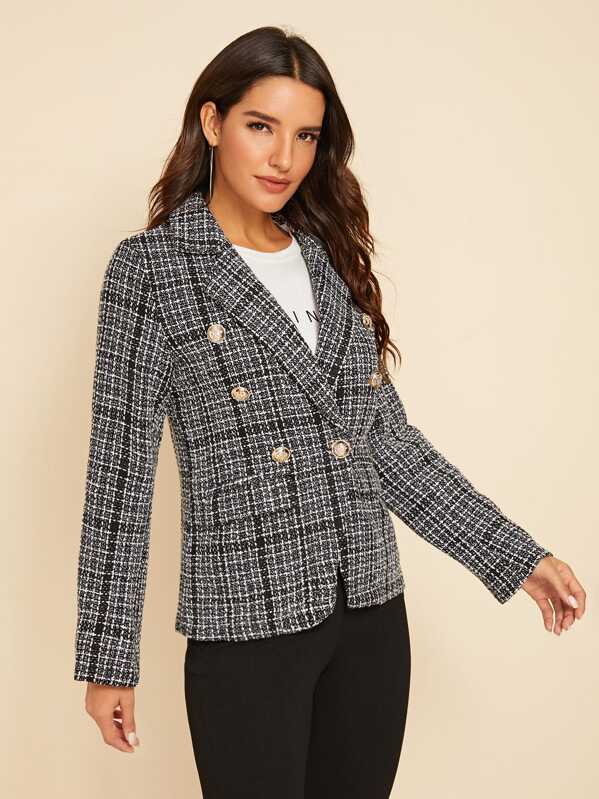 

Double Button Front Pocket Lapel Tweed Blazer, Black, Gabriela