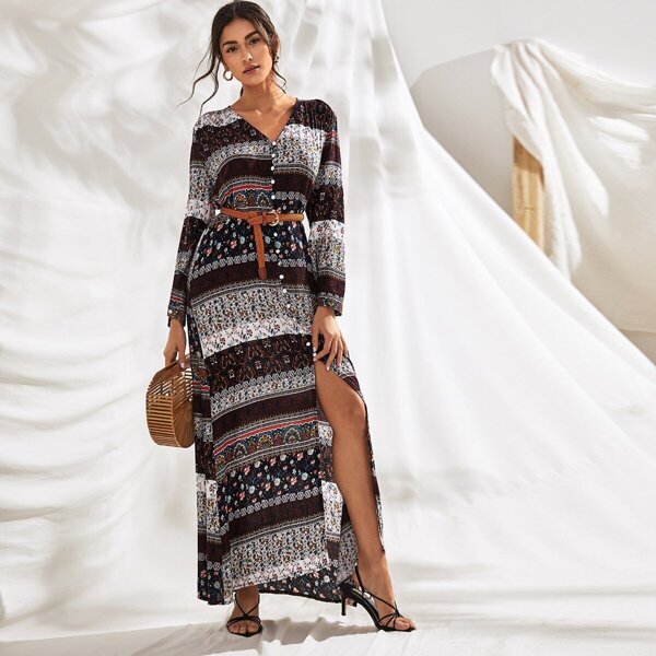 

Button Front V Neck Split Belted Maxi Dress, Multicolor