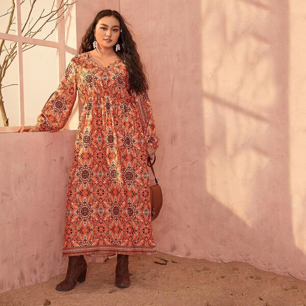 

Plus Double V-cut Tribal Print Maxi Dress, Orange