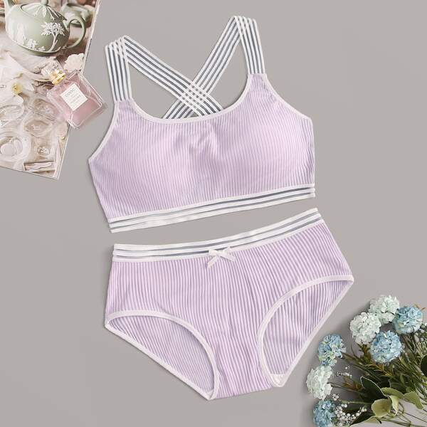 

Crisscross Back Rib Lingerie Set, Purple
