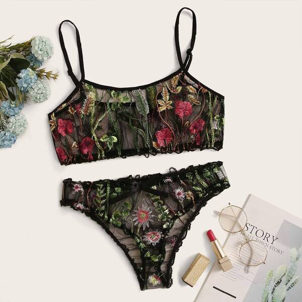 

Embroidered Mesh Sheer Lingerie Set, Black