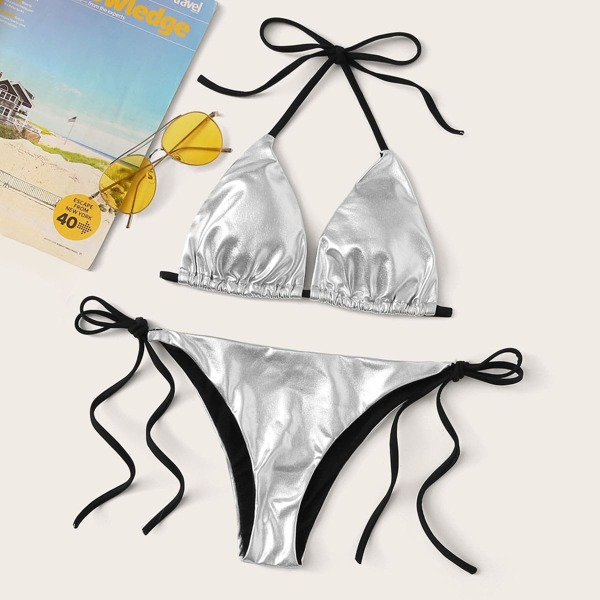 

Metallic Halter Top With Tie Side Bikini Set