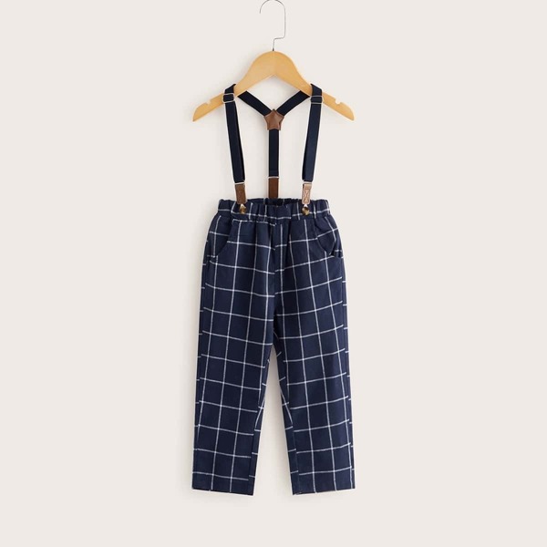

Toddler Boys Grid Plaid Straight Pants With Straps, Navy