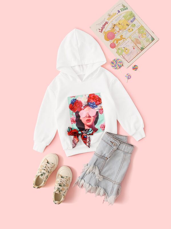 

Toddler Girls Figure Graphic Bow Hoodie, White