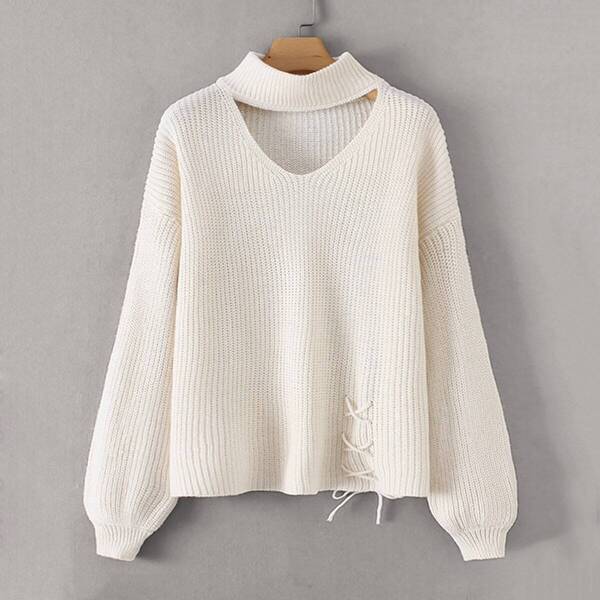 

Cut Out Lace Up Bishop Sleeve Sweater, Beige