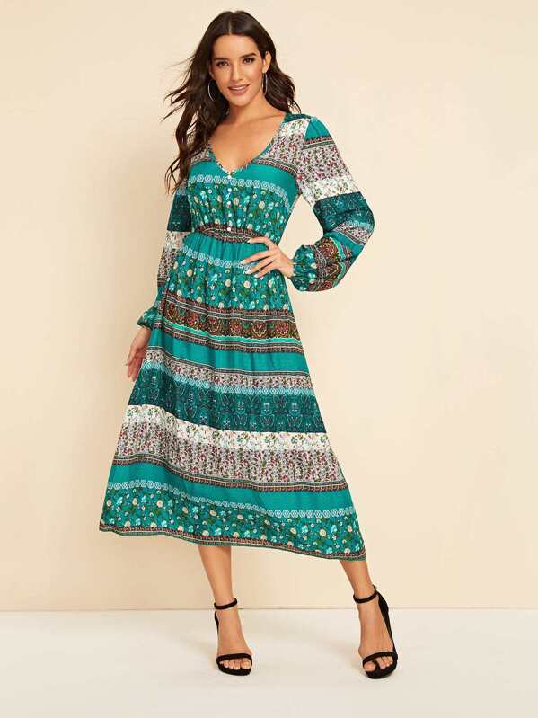 

V Neck Tribal Print A-line Dress, Multicolor, Juliana