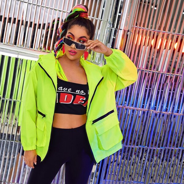 

Neon Yellow Flap Pocket Zipper Hooded Windbreaker Jacket, Yellow bright