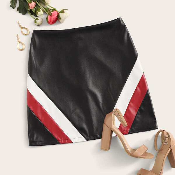 

PU Contrast Panel Skirt, Black