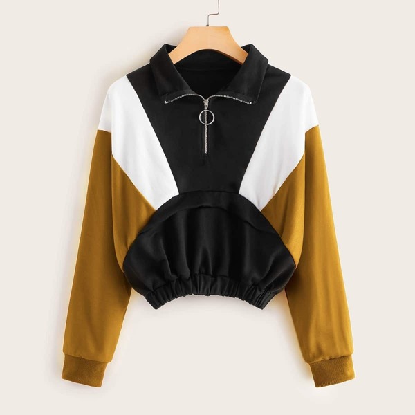 

Contrast Panel O-ring Half Placket Sweatshirt, Multicolor
