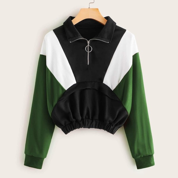 

Contrast Panel O-ring Half Placket Sweatshirt, Multicolor