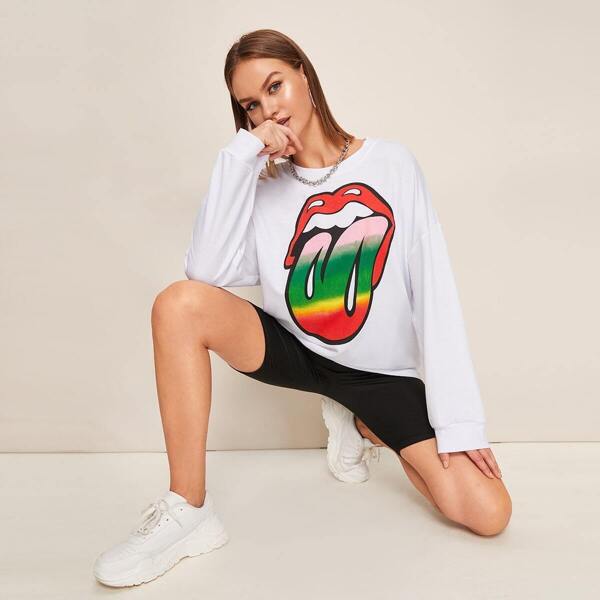 

Lipstick Print Drop Shoulder Sweatshirt