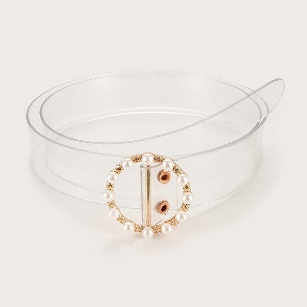 

Faux Pearl Decor Round Buckle Transparent Belt