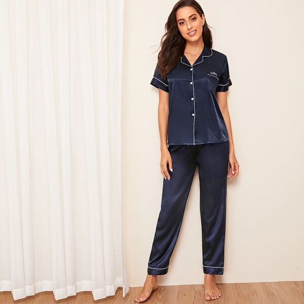 

Letter Embroidered Button-up Satin Pajama Set, Navy