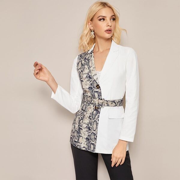 

Two Tone Snakeskin Print Belted Blazer, White