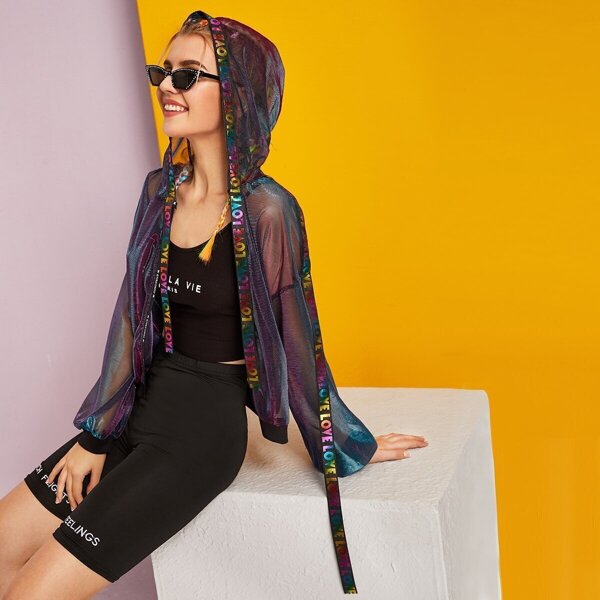 

Letter Print Tape Sheer Mesh Jacket