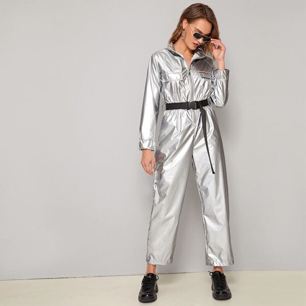 

Self Tie Zip Front Metallic Shirt Jumpsuit, Grey