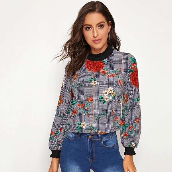 

Frill Neck Lantern Sleeve Floral and Plaid Top
