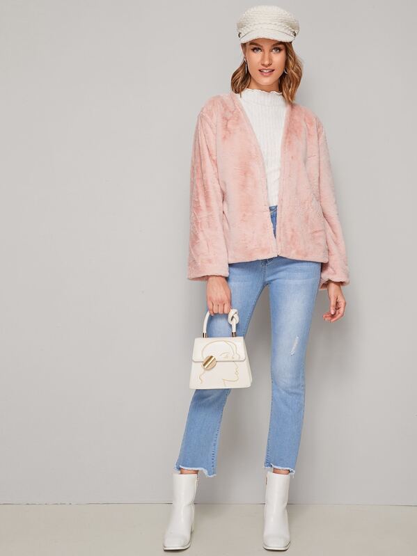 

Solid Open Front Teddy Coat, Pink, Rasa
