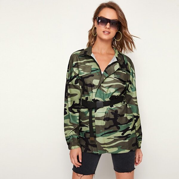 

Camo Print Belted Zipper Coat, Multicolor