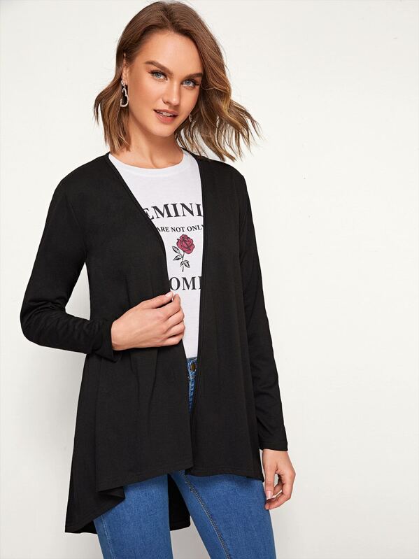 

Solid Open Front Curved Hem Coat, Black, Rasa