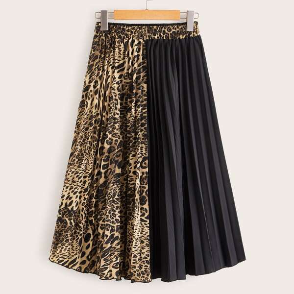 

Two Tone Leopard Print Pleated Skirt, Multicolor