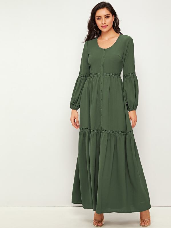 

Single Breasted Guipure Lace Insert Flippy Hem Dress, Army green, Jessica B
