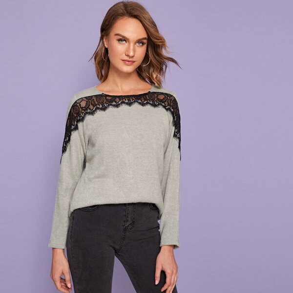 

Contrast Lace Long Sleeve Sweater, Grey