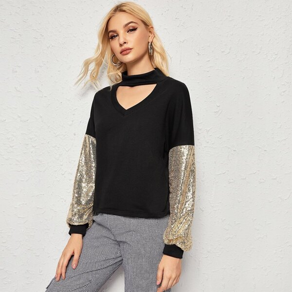 

Choker Neck Contrast Sequin Sweatshirt
