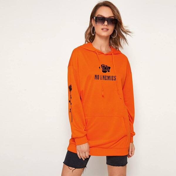 

Neon Orange Rose & Letter Graphic Hoodie, Orange bright