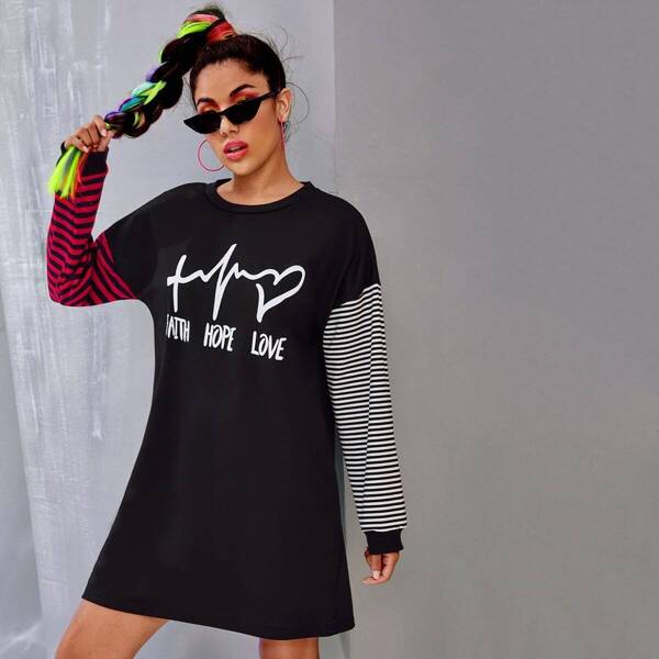 

Contrast Striped Sleeve Letter & Heart Graphic Sweatshirt Dress, Black