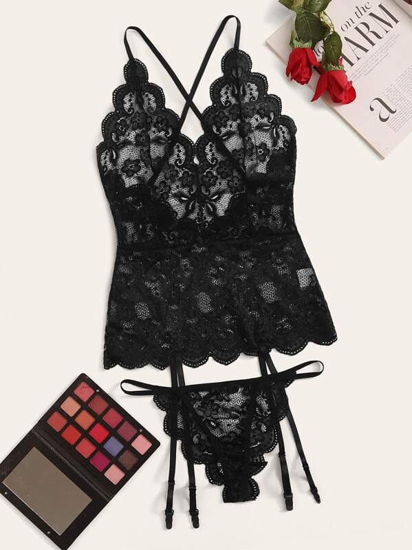 

Floral Lace Crisscross Back Garter Slips With Thong, Black