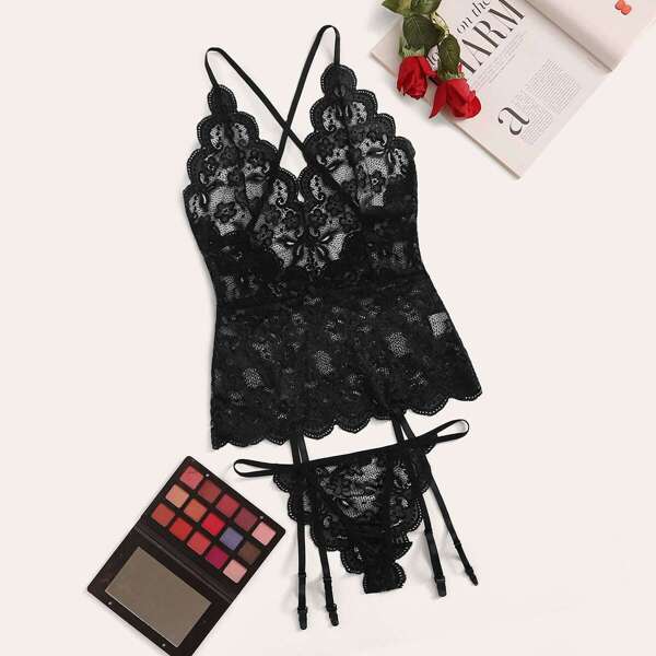 

Floral Lace Crisscross Back Garter Slips With Thong, Black