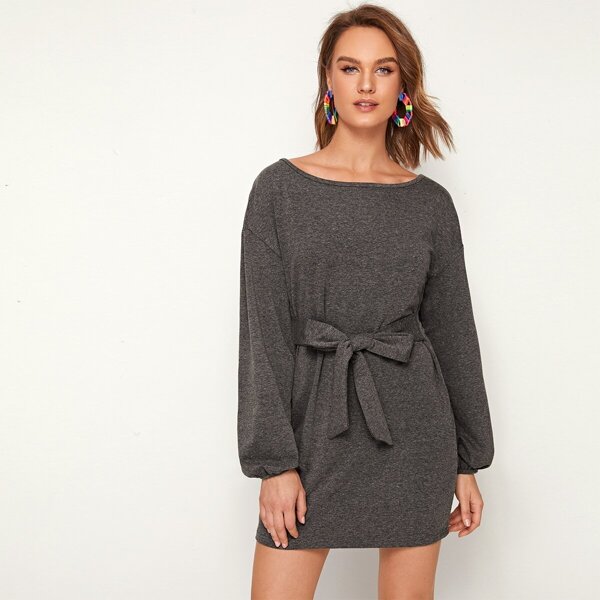 

Boat Neck Drop Shoulder Belted Dress, Grey