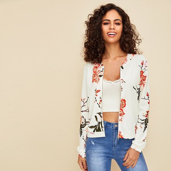 

Zip Up Floral Print Bomber Jacket, White