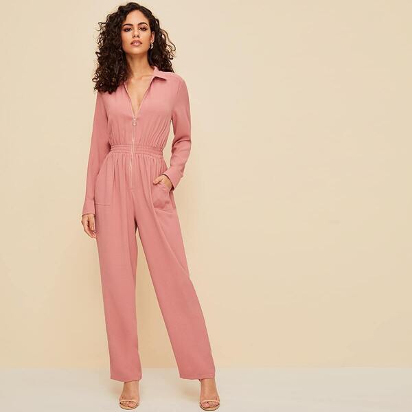 

Collared Zip Pocket Patched Shirred Waist Blouson Jumpsuit