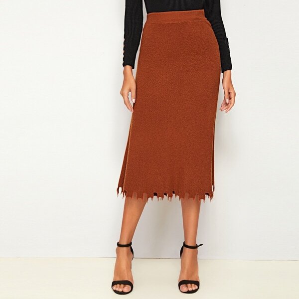 

Wide Waistband Raw Hem Sweater Skirt, Brown
