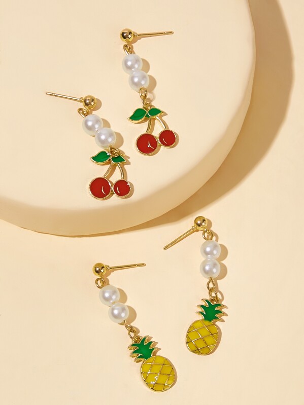 

Faux Pearl Decor Cherry & Pineapple Drop Earrings 2pairs, Multicolor