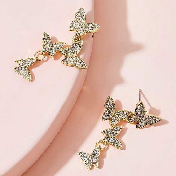 

Rhinestone Engraved Butterfly Drop Earrings 1pair