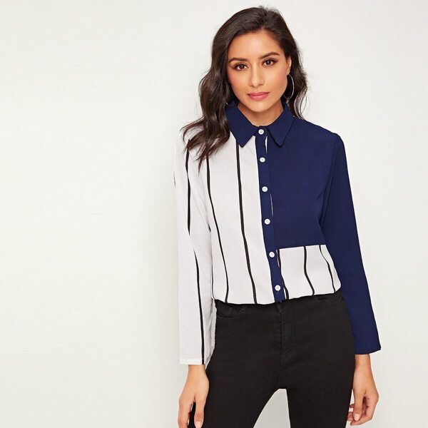 

Two Tone Striped Curved Hem Blouse, Multicolor