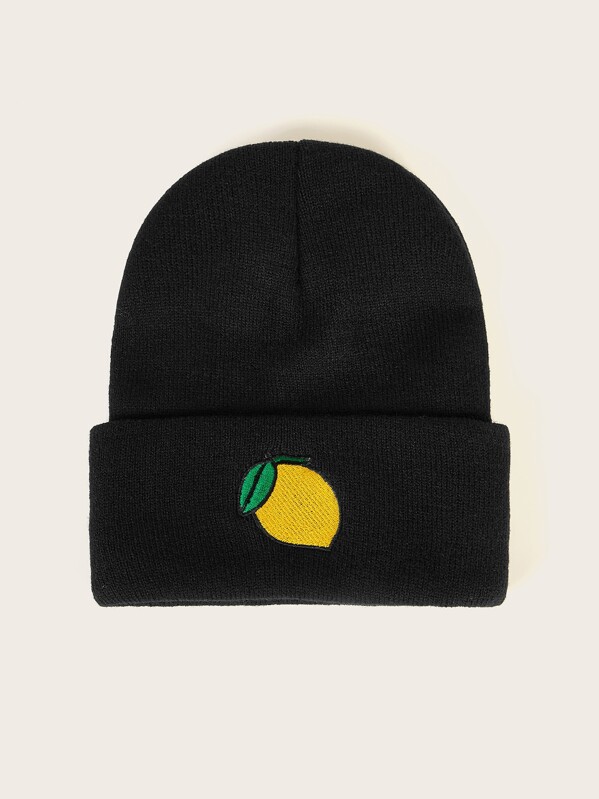 

Lemon Embroidery Cuffed Beanie, Black