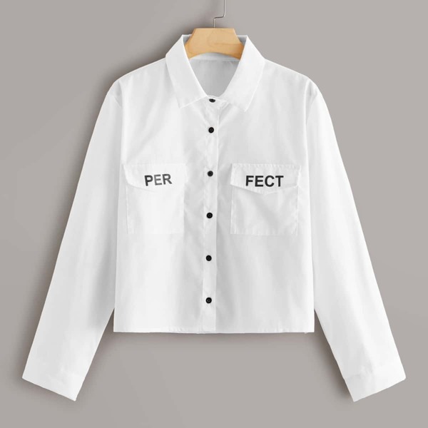 

Plus Letter Graphic Flap Pocket Blouse, White