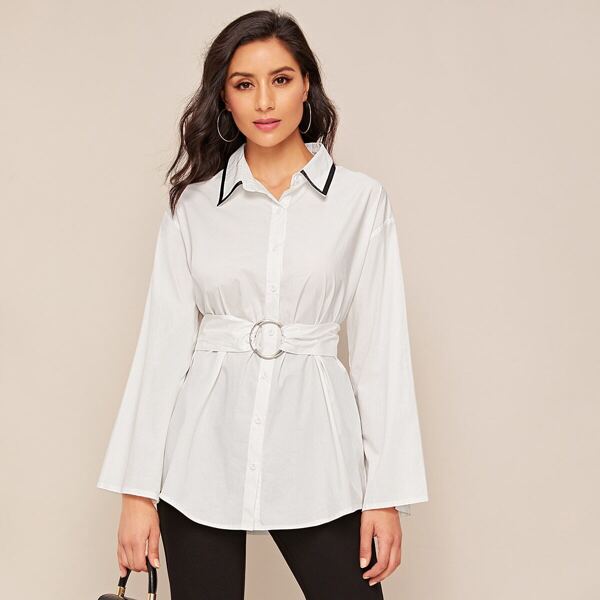 

Curved Hem O-Ring Belted Blouse, White