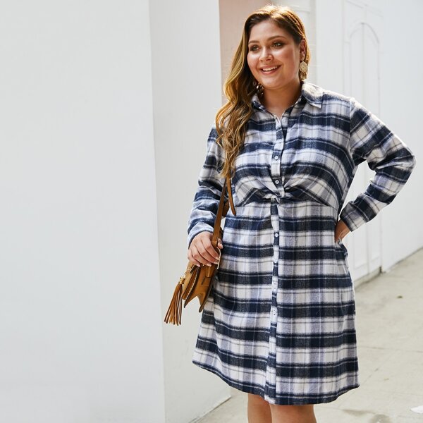 

Plus Plaid Twist Front Shirt Dress, Multicolor