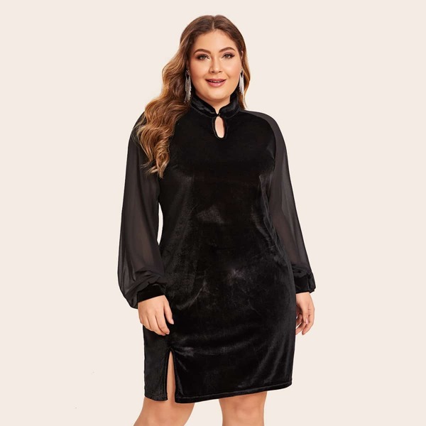 

Plus Mandarin Collar Mesh Sleeve Velvet Dress, Black