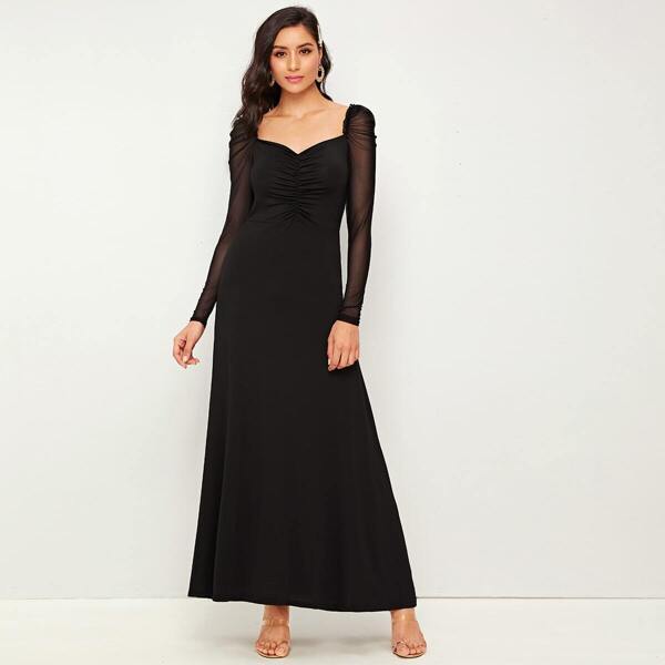 

Draped Sweetheart Puff Sleeve Maxi Dress, Black