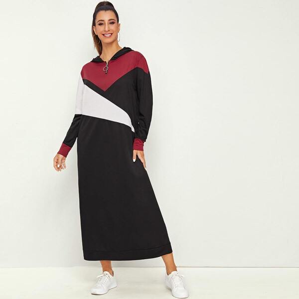 

Colorblock O-Ring Zip Half Sweatshirt Dress, Black