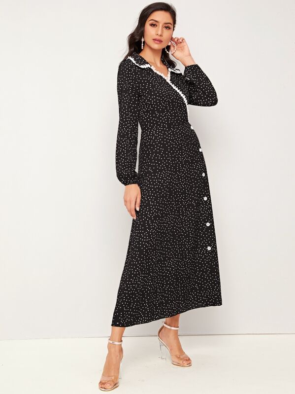

Polka Dot Button Detail Lace Trim Dress, Black, Jessica B