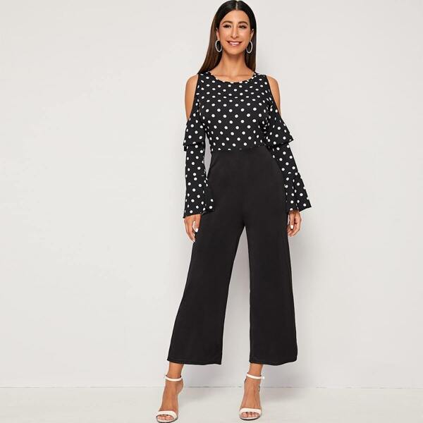 

Polka Dot Ruffle Trim Cold Shoulder Jumpsuit